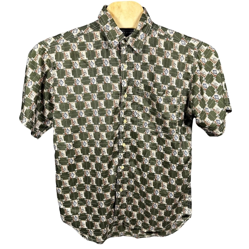 Robert‎ Louis Mens Medium Silk Short Sleeve Button Down Shirt Green Geometric